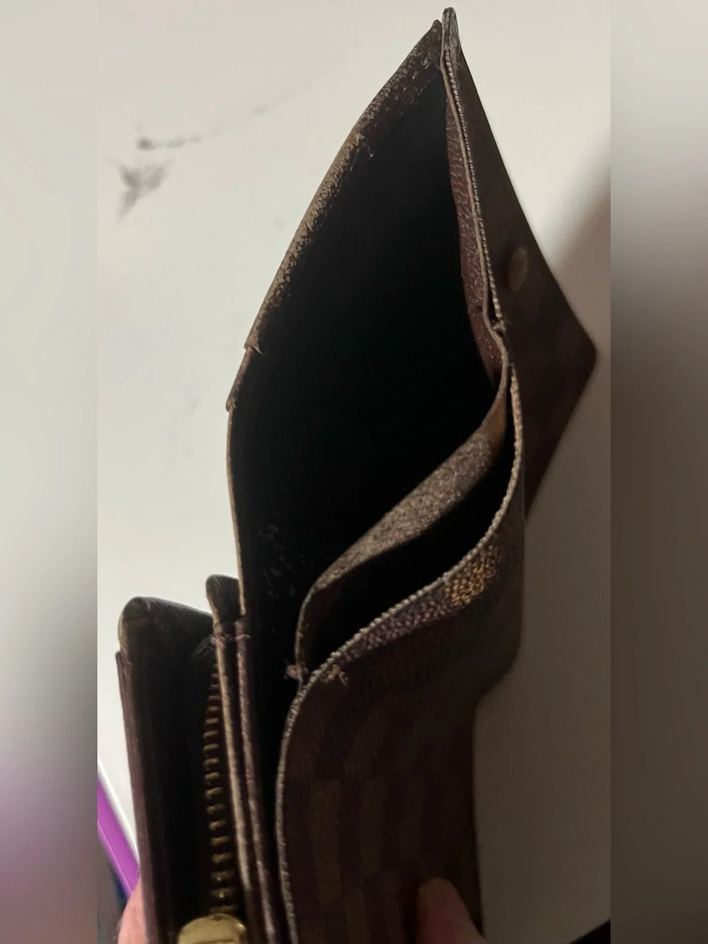 Louis Vuitton Brown Checkered wallet with Gold-Tone Snap and zipper